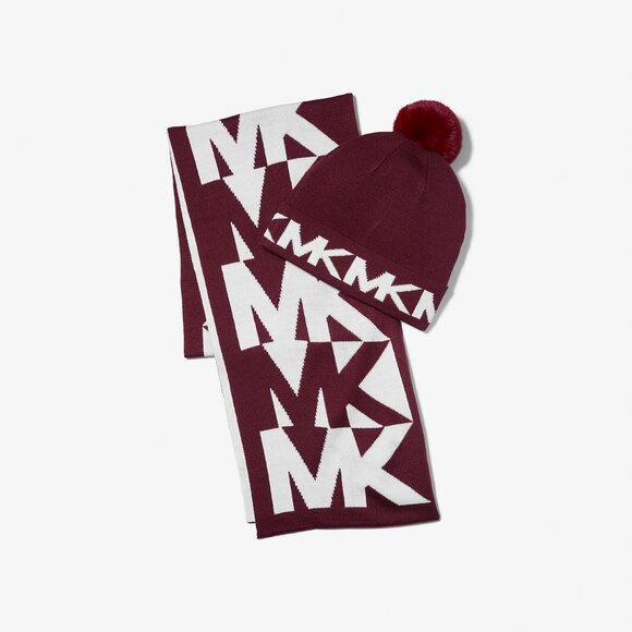 MICHAEL Michael Kors Logo Intarsia Knit Beanie and Scarf Set In Merlot - Picture 1 of 3